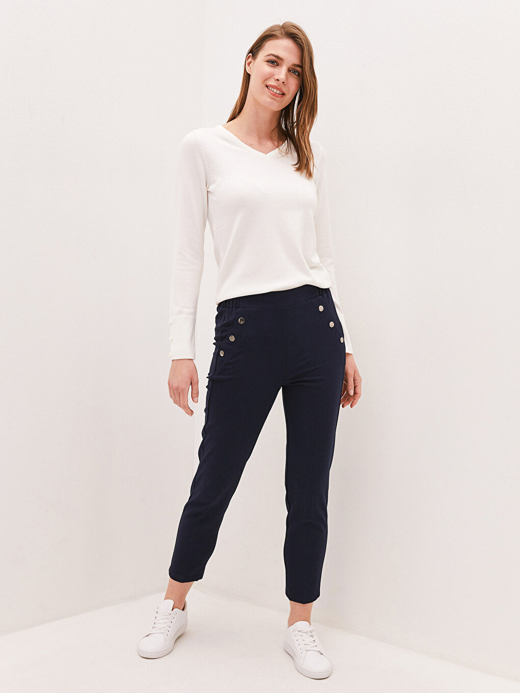 Lacivert Beli Lastikli Düğme Detaylı Cepli Kadın Pantolon-2