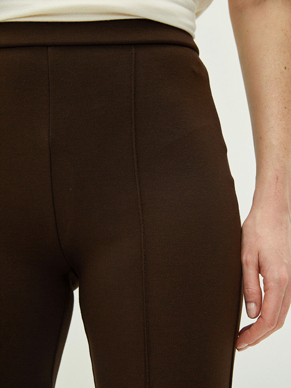 Elastic Waist Narrow Fit Spanish Leg Ponte Fabric Women's Trousers-5