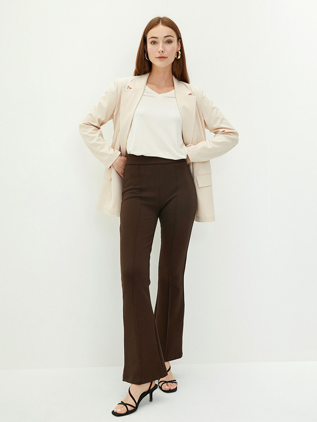 Elastic Waist Narrow Fit Spanish Leg Ponte Fabric Women's Trousers