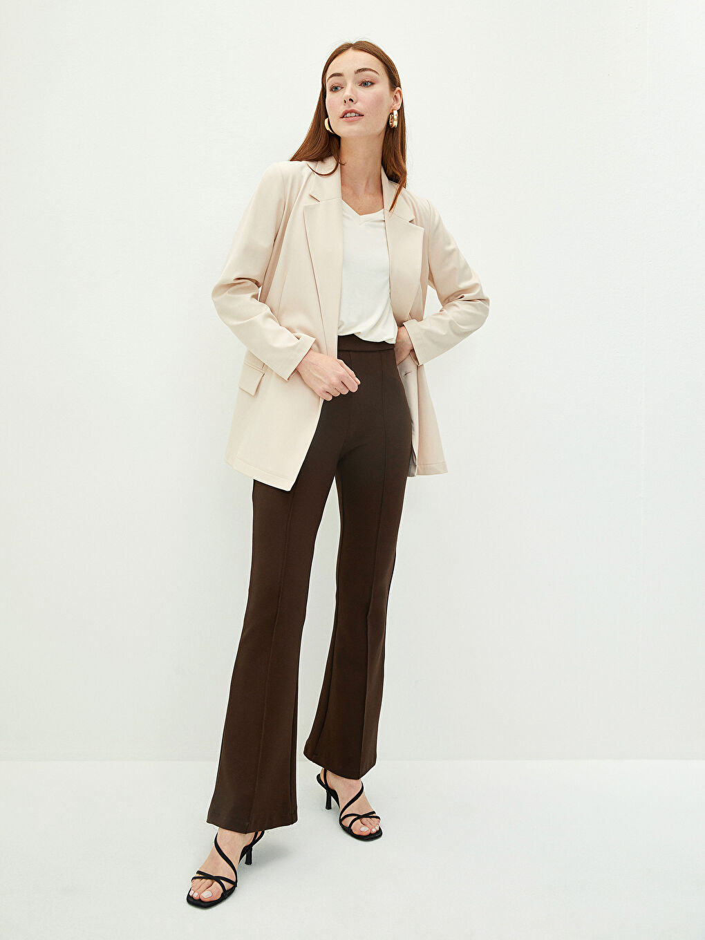 Elastic Waist Narrow Fit Spanish Leg Ponte Fabric Women's Trousers-1
