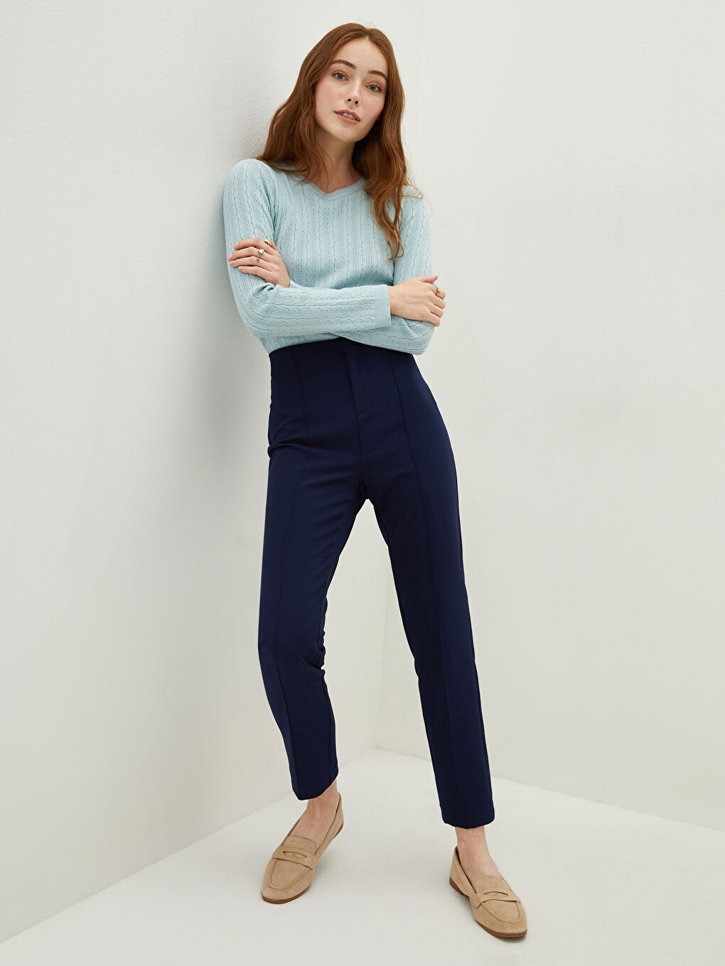 Lacivert Kadın Dar Fit Düz Pantolon-2