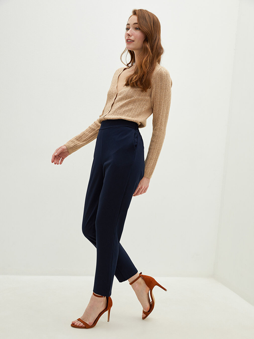 Elastic Waist Straight Linen Look Fabric Women's Trousers