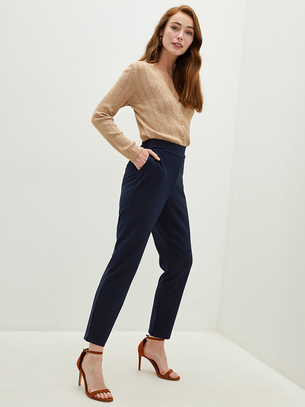 Elastic Waist Straight Linen Look Fabric Women's Trousers-1