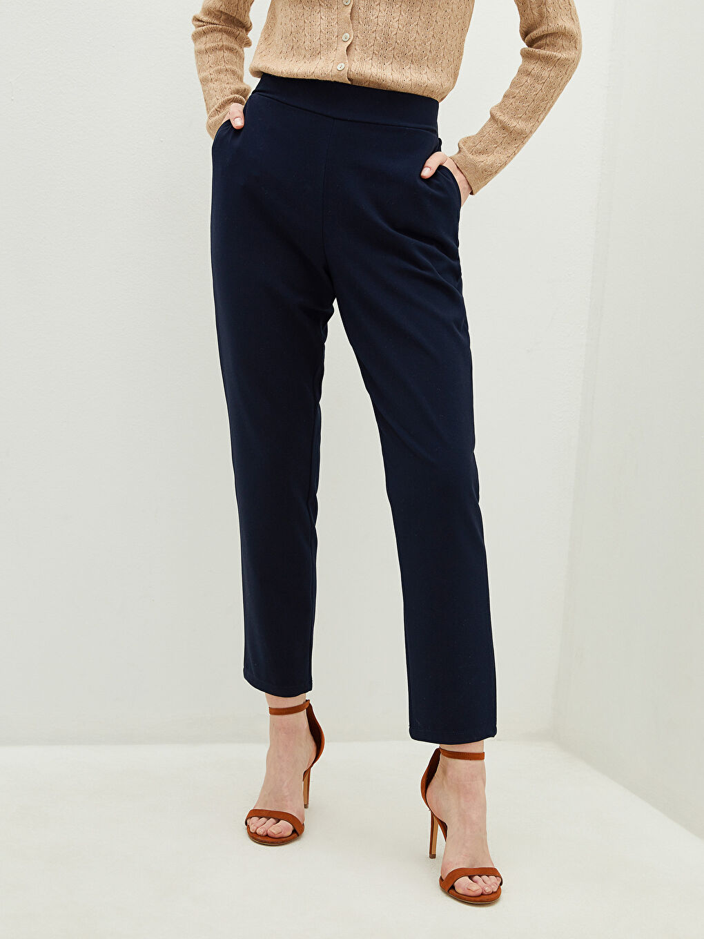 Elastic Waist Straight Linen Look Fabric Women's Trousers-2
