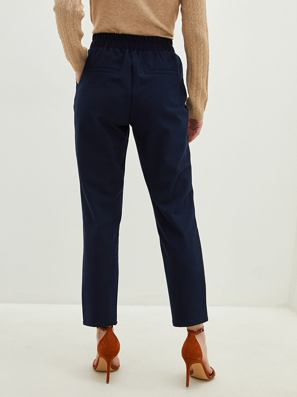 Elastic Waist Straight Linen Look Fabric Women's Trousers-3