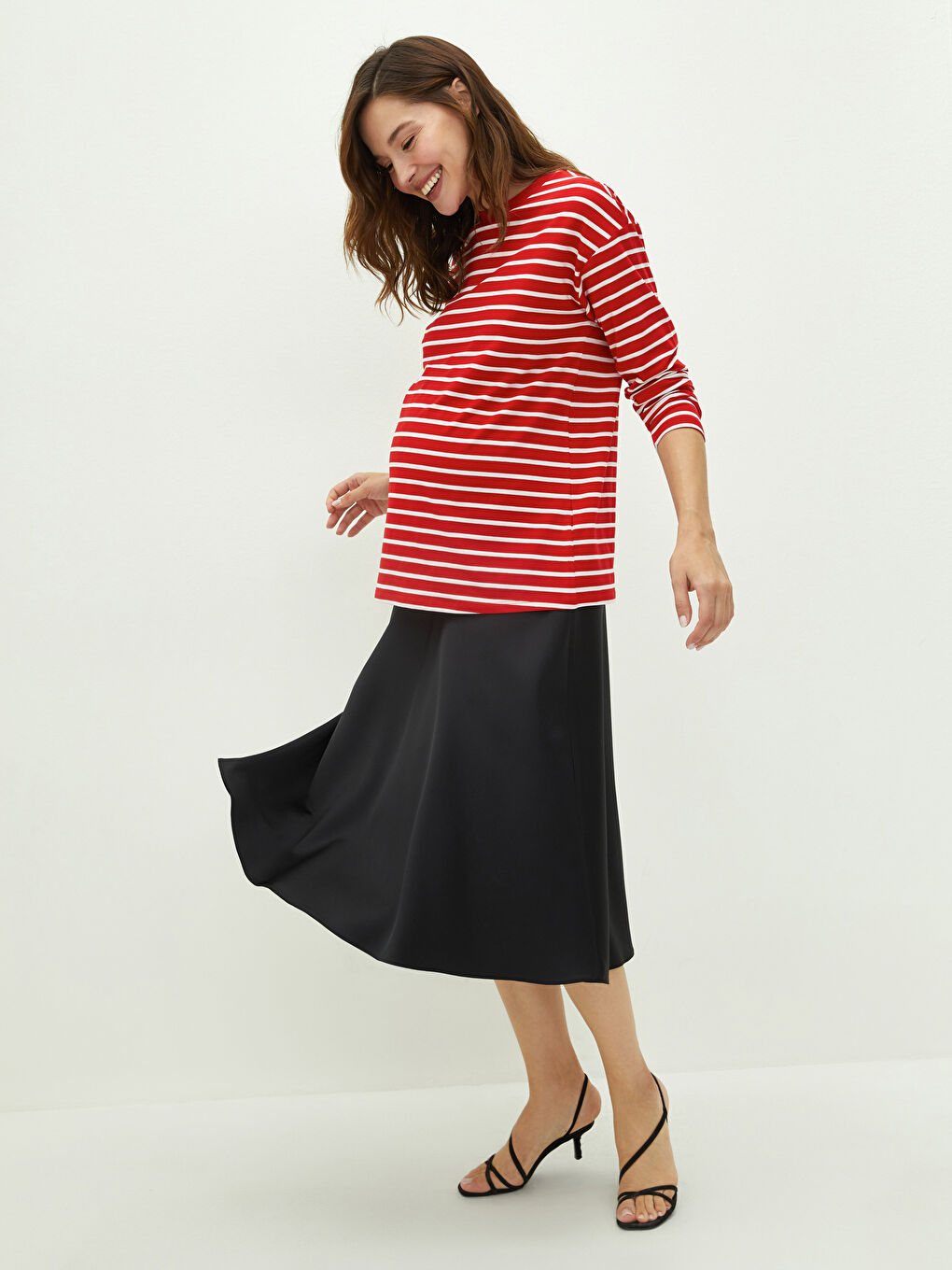 Crew Neck Striped Long Sleeve Cotton Maternity T-shirt