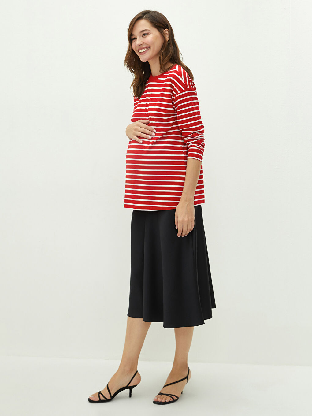 Crew Neck Striped Long Sleeve Cotton Maternity T-shirt-2