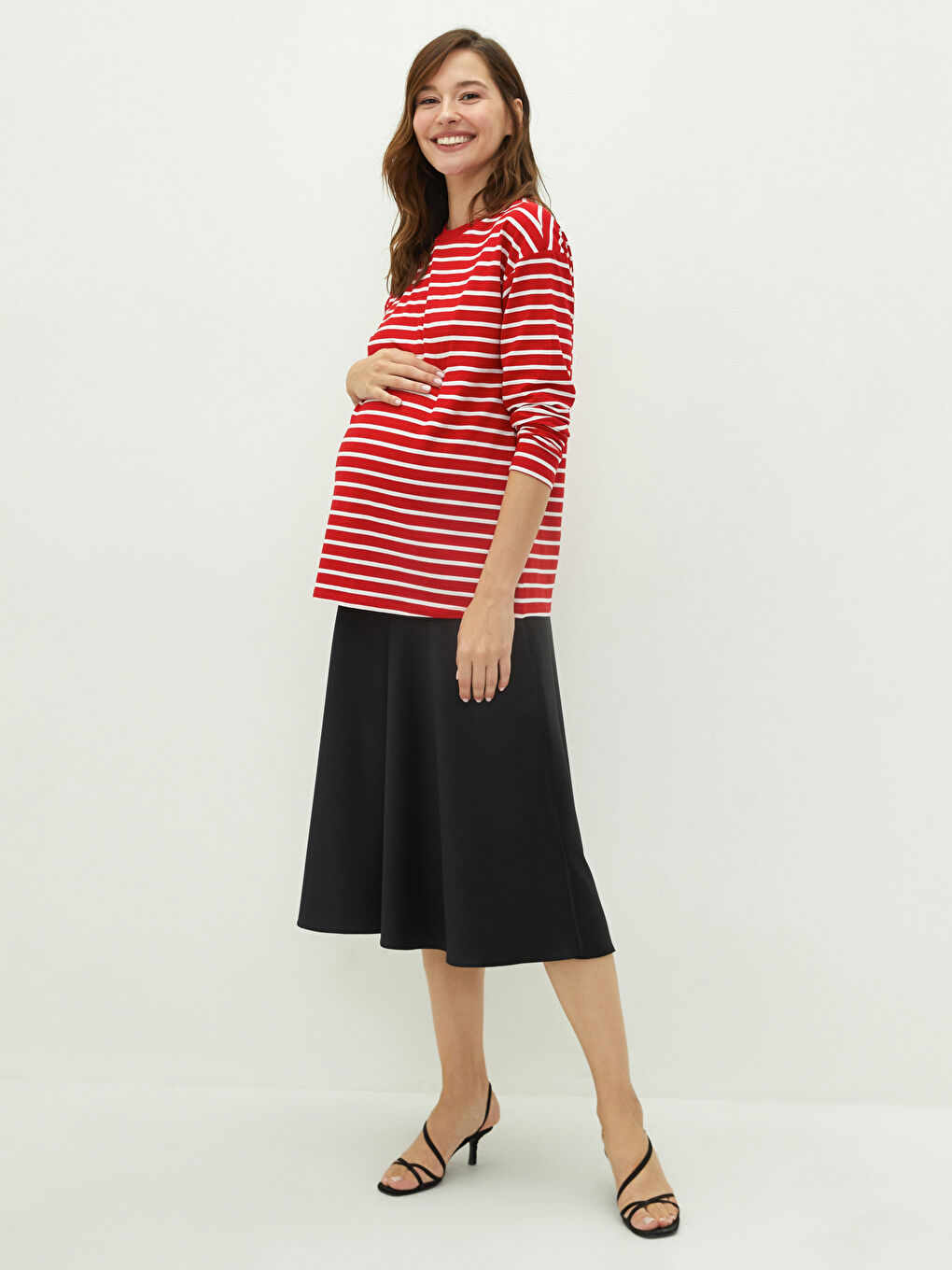 Crew Neck Striped Long Sleeve Cotton Maternity T-shirt-3