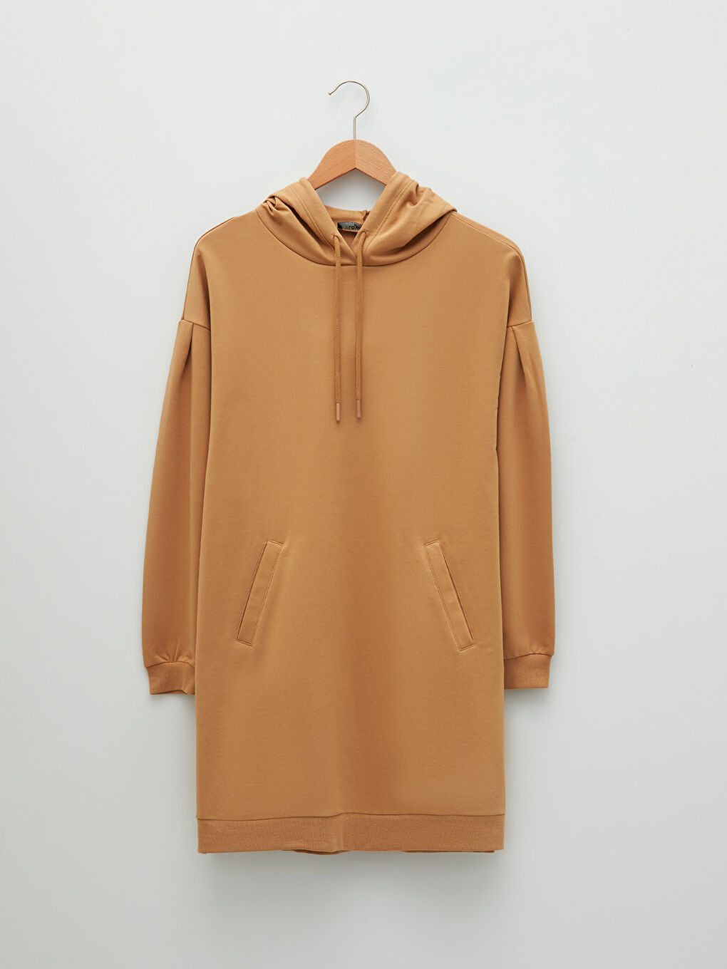 Bej Kapüşonlu Düz Uzun Kollu Hamile Tunik-5