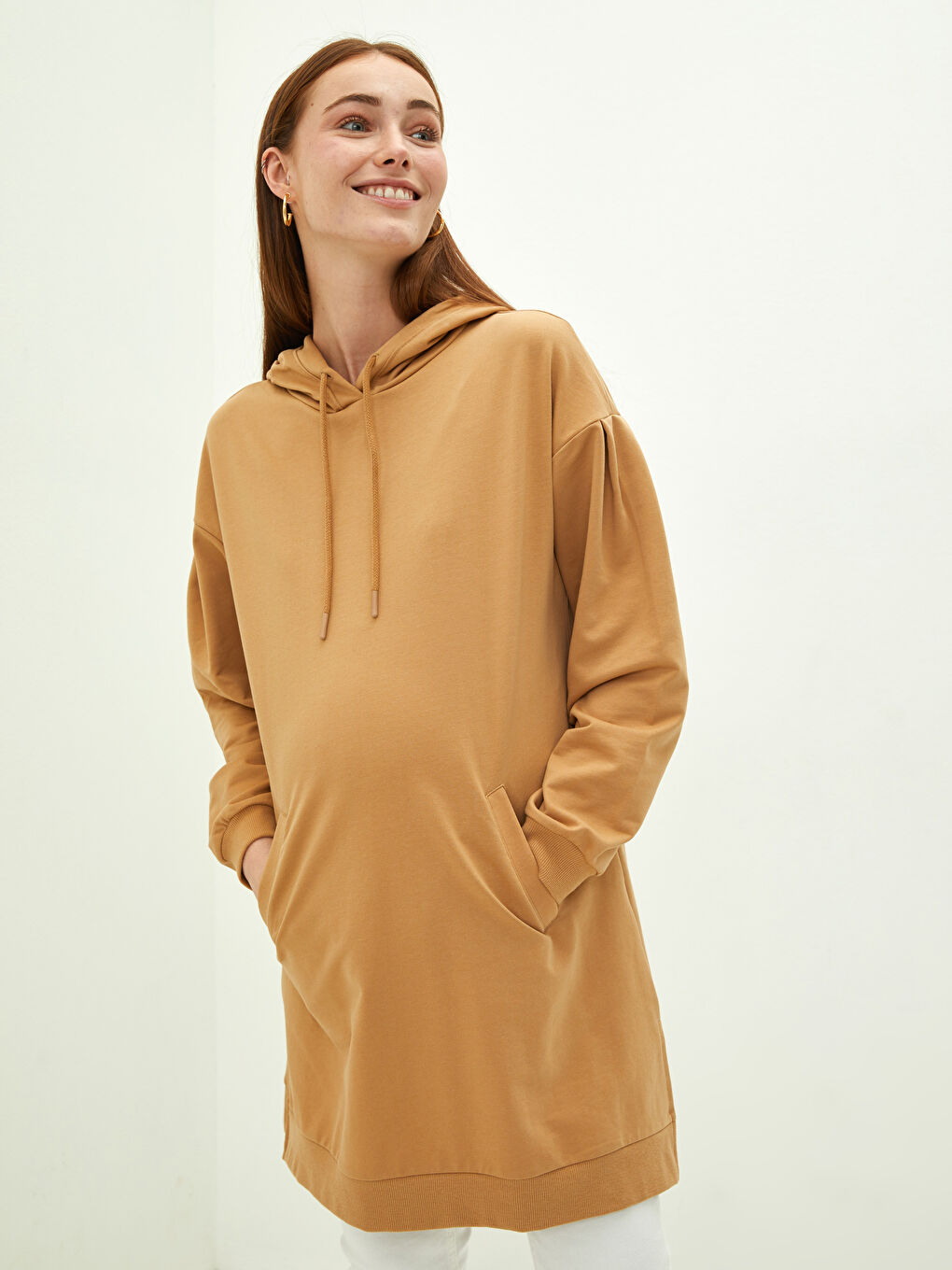 Bej Kapüşonlu Düz Uzun Kollu Hamile Tunik