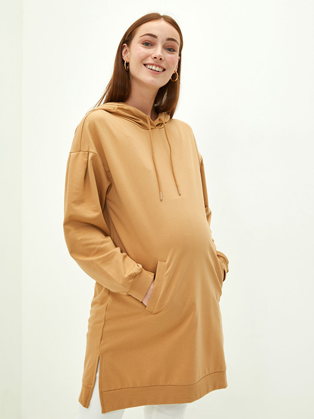 Bej Kapüşonlu Düz Uzun Kollu Hamile Tunik-1