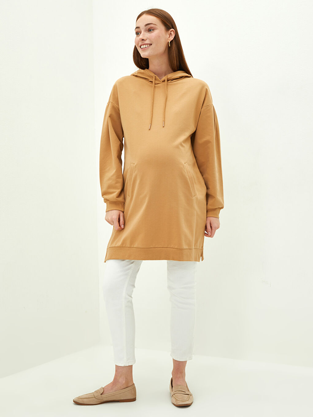 Bej Kapüşonlu Düz Uzun Kollu Hamile Tunik-2