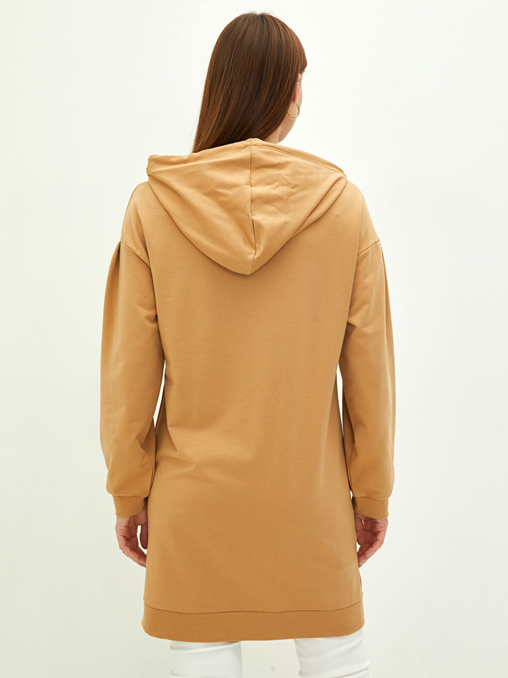 Bej Kapüşonlu Düz Uzun Kollu Hamile Tunik-4