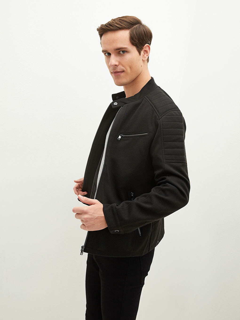 Slim Fit Biker Collar Knitted Men's Coat-1