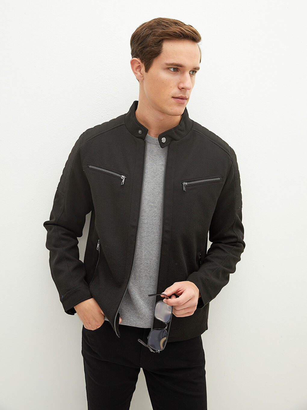 Slim Fit Biker Collar Knitted Men's Coat-2