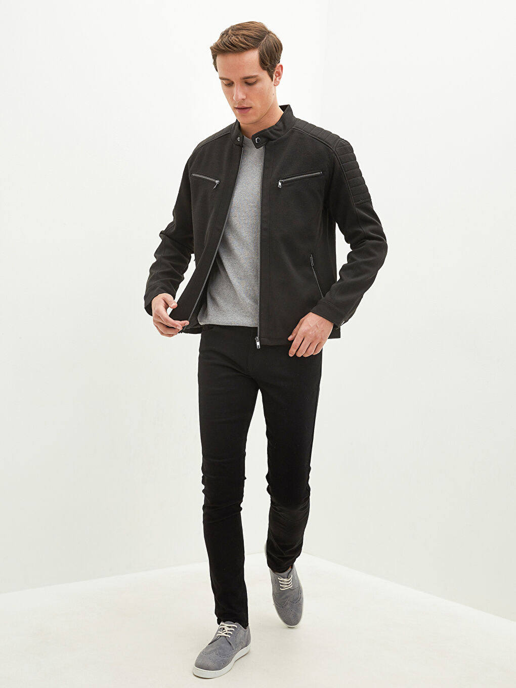 Slim Fit Biker Collar Knitted Men's Coat-3