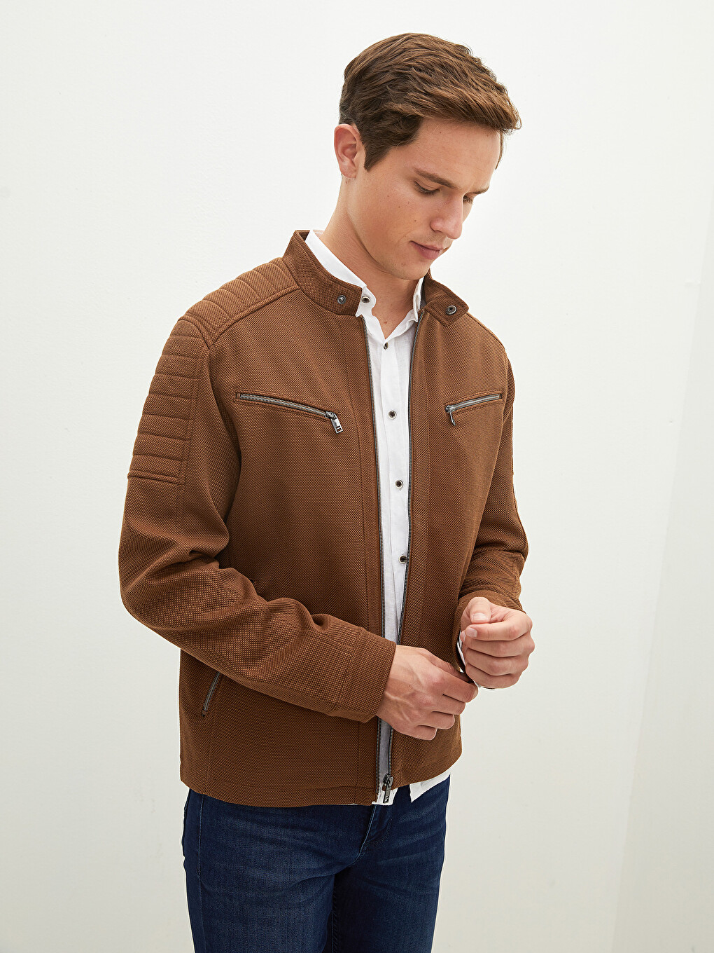 Palton Slim Fit Cu Guler Biker Tricotat Pentru Bărbați-2