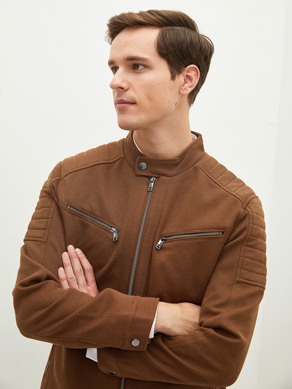 Palton Slim Fit Cu Guler Biker Tricotat Pentru Bărbați-3