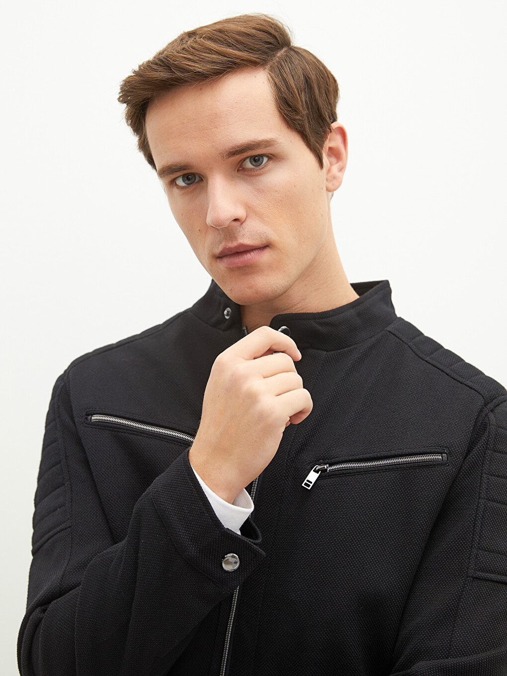 Palton Slim Fit Cu Guler Biker Tricotat Pentru Bărbați-2