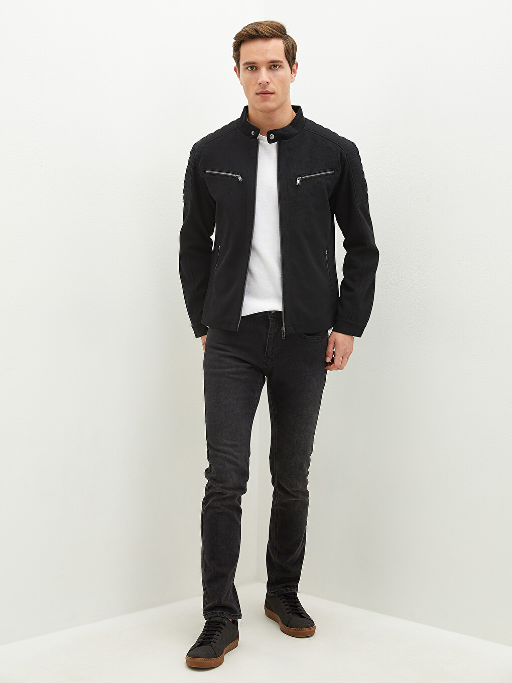 Palton Slim Fit Cu Guler Biker Tricotat Pentru Bărbați-3