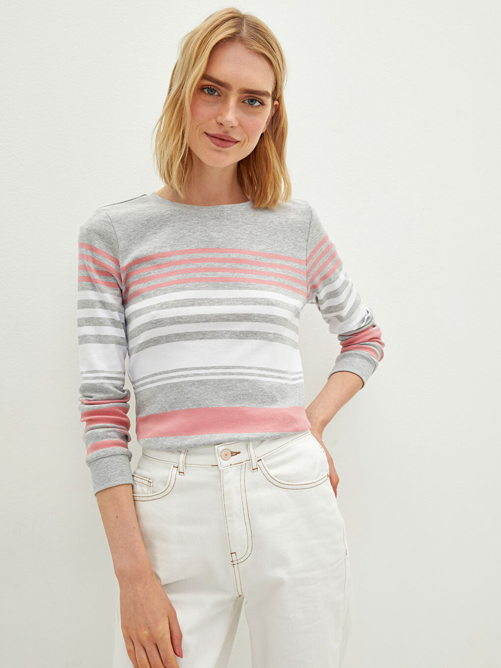 Crew Neck Striped Long Sleeve Cotton Women's T-shirt-1