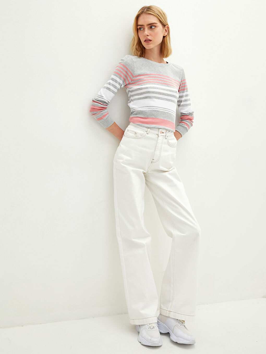 Crew Neck Striped Long Sleeve Cotton Women's T-shirt-2