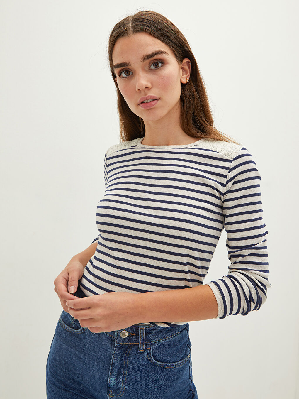 Crew Neck Striped Long Sleeve Women's T-Shirt-2