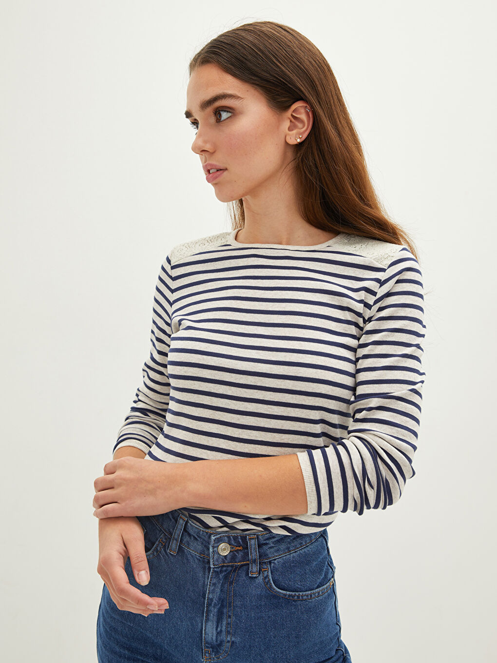 Crew Neck Striped Long Sleeve Women's T-Shirt-1