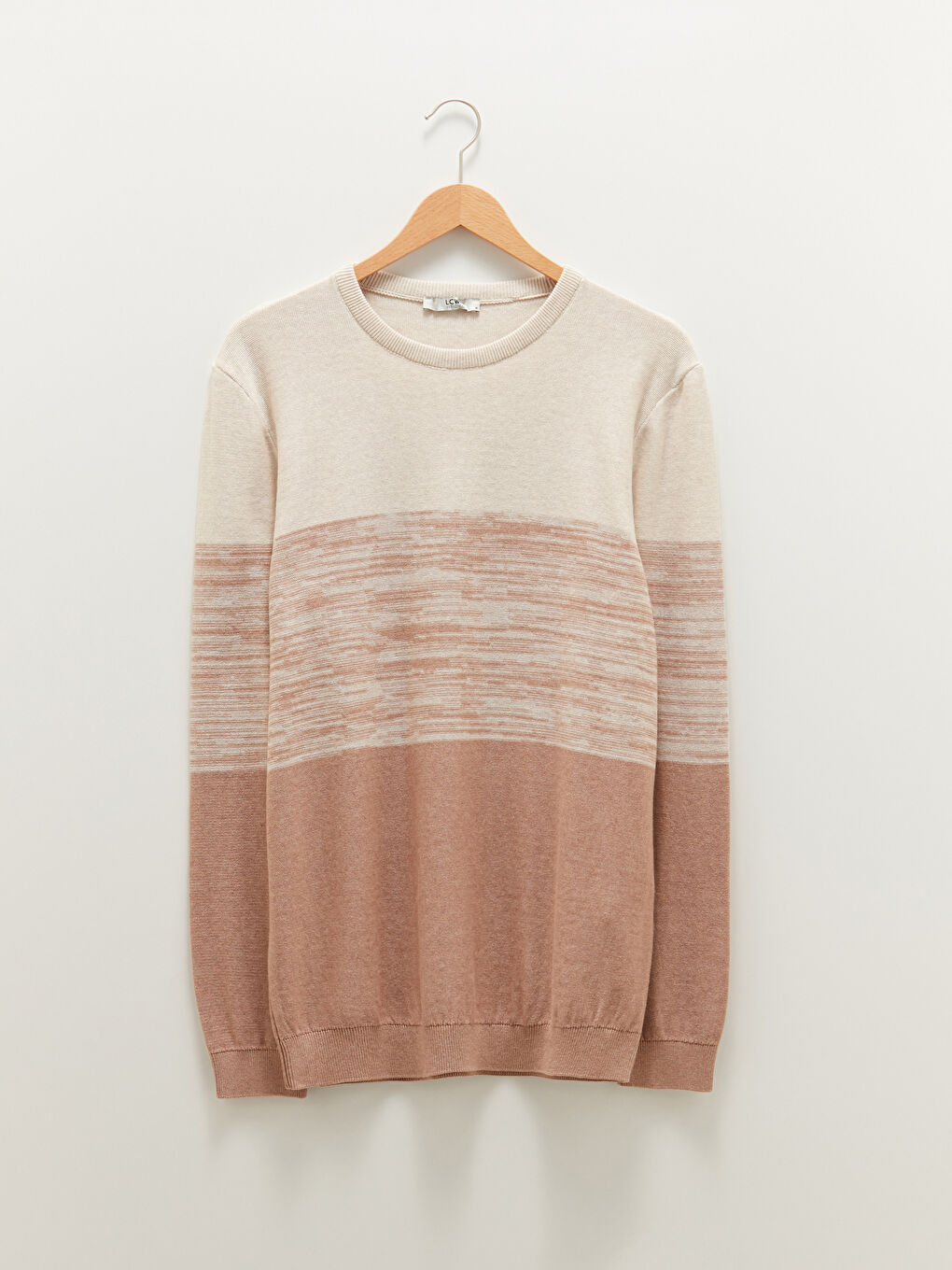 Bej Bisiklet Yaka Uzun Kollu Renk Bloklu Erkek Triko Kazak-5