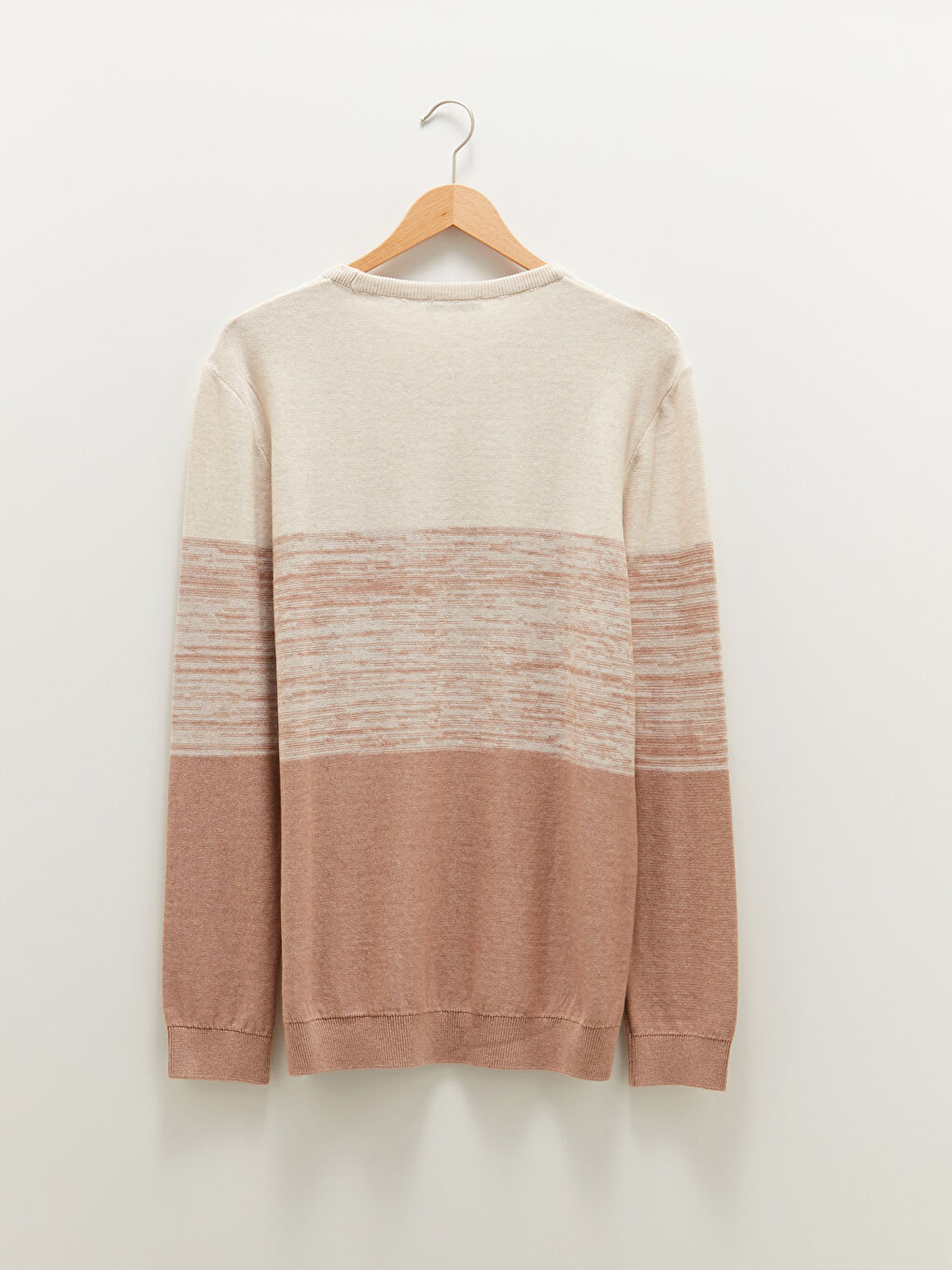 Bej Bisiklet Yaka Uzun Kollu Renk Bloklu Erkek Triko Kazak-6