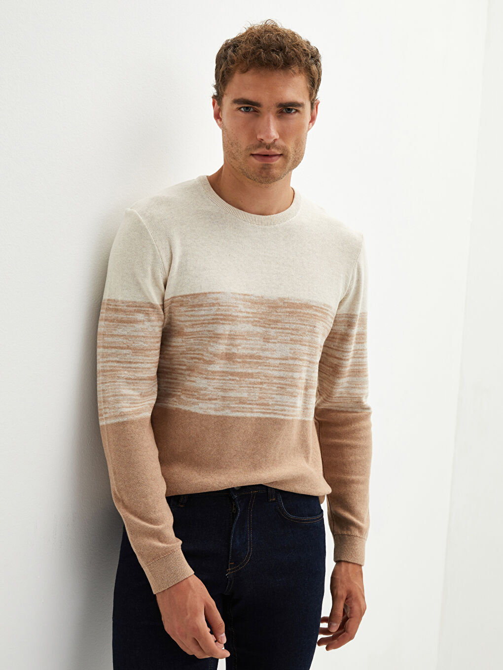 Bej Bisiklet Yaka Uzun Kollu Renk Bloklu Erkek Triko Kazak-2