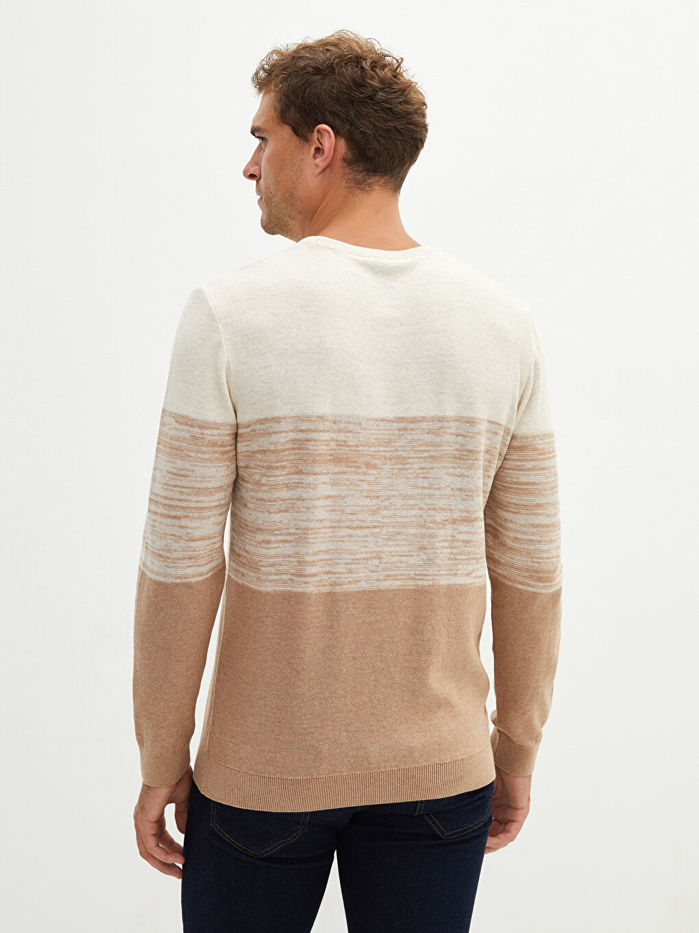 Bej Bisiklet Yaka Uzun Kollu Renk Bloklu Erkek Triko Kazak-4