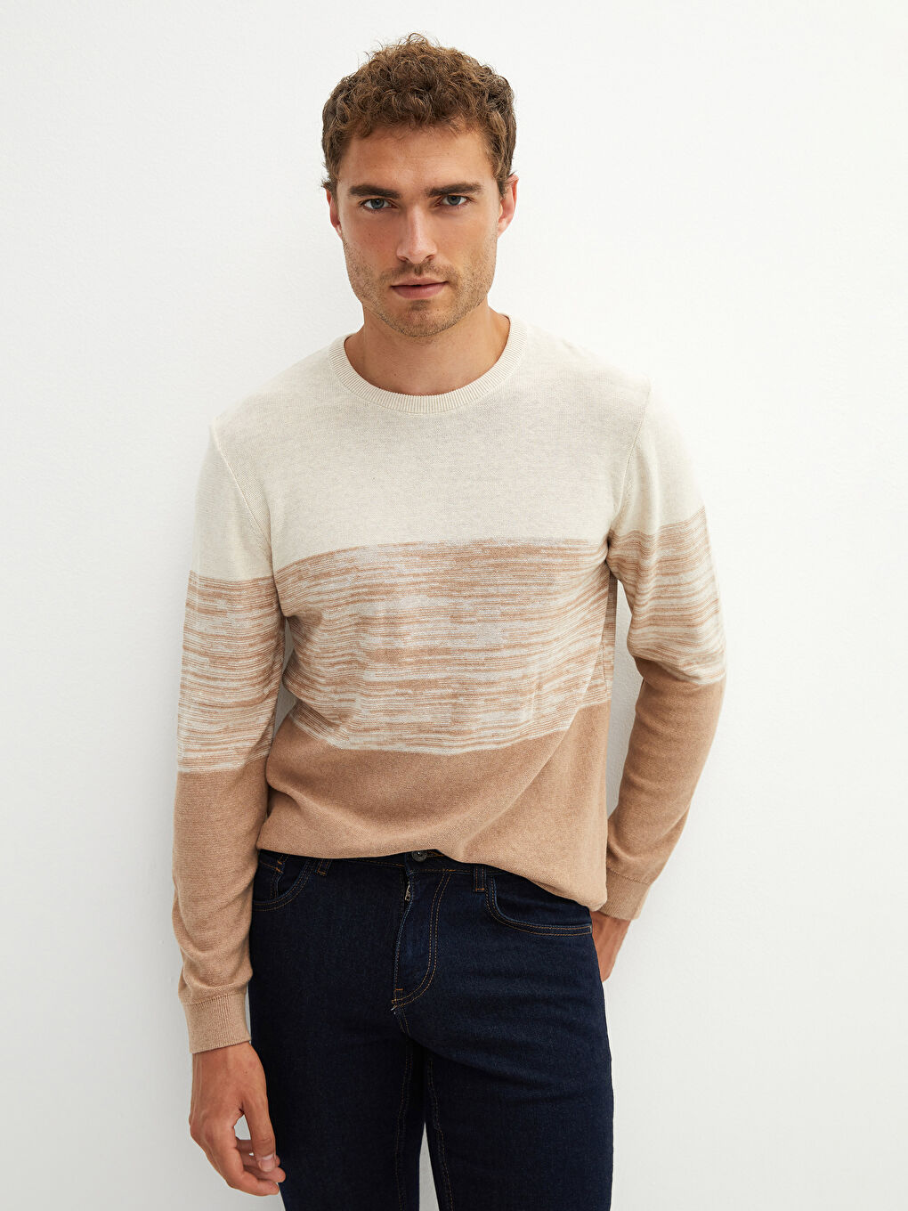 Bej Bisiklet Yaka Uzun Kollu Renk Bloklu Erkek Triko Kazak