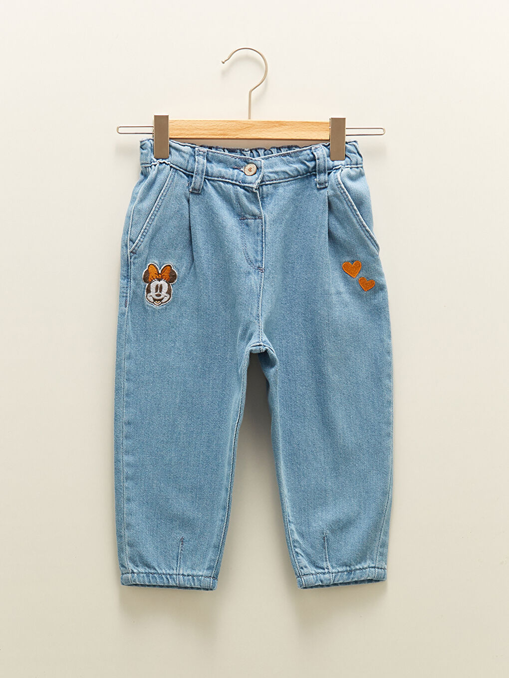 Elastic Waist Minnie Mouse Embroidered Cotton Baby Girl Jean Trousers-1