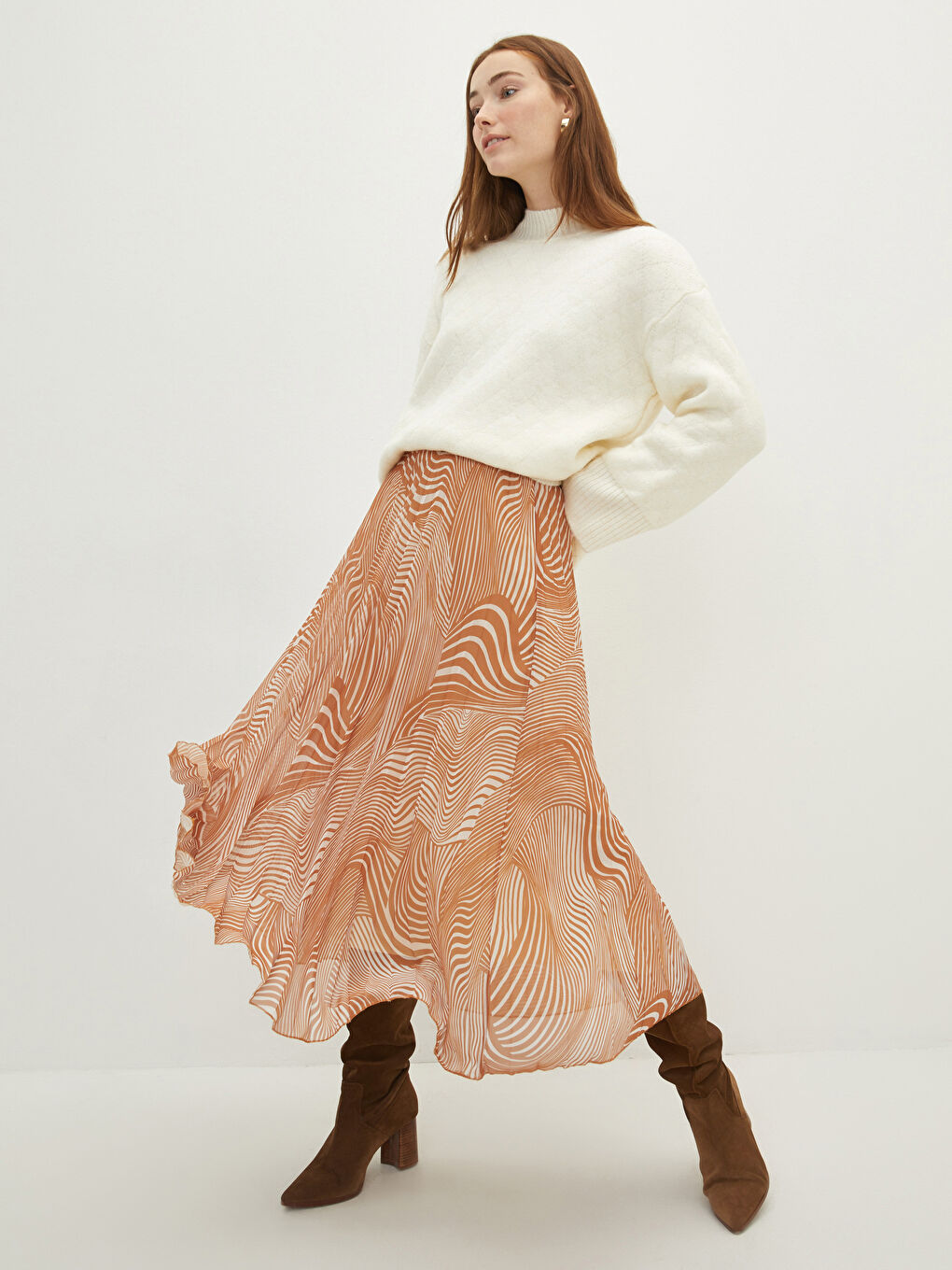 Әйелдерге арналған бүрмелі белдемше принтті шифон матадан серпімді белдікпен