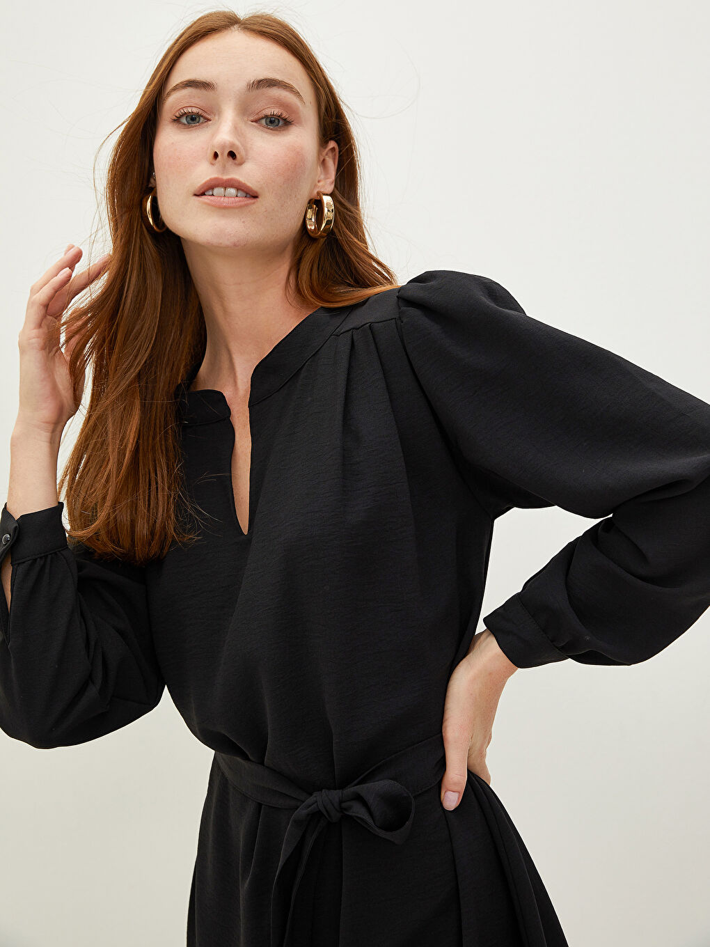 Henley Neckline Long Sleeve Waist Belted Crepe Fabric Women's Dress