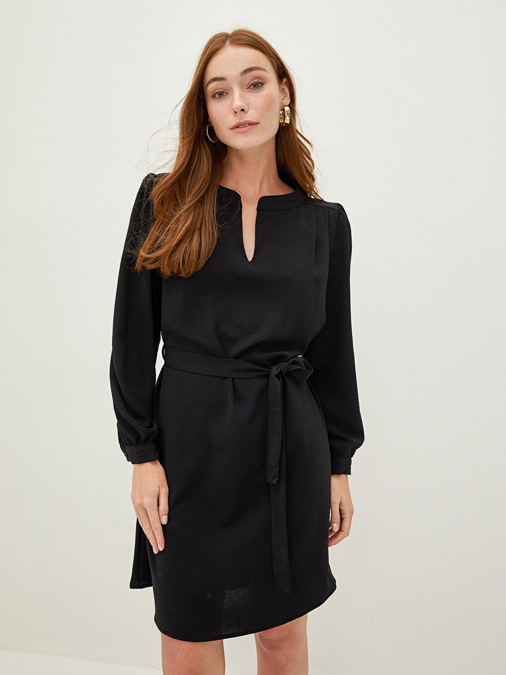 Henley Neckline Long Sleeve Waist Belted Crepe Fabric Women's Dress-5