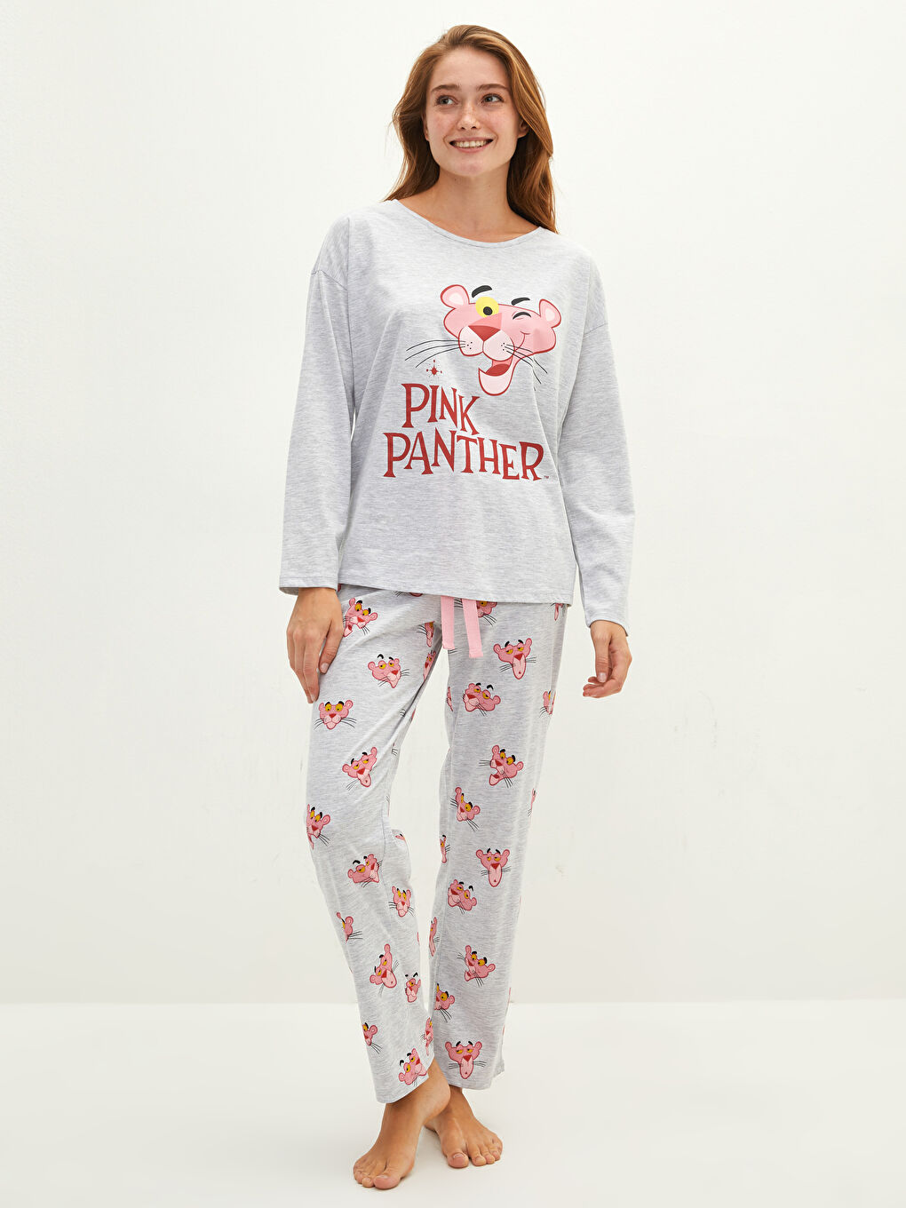 طقم بيجاما نسائي برقبة دائرية مطبوع بينك بانثر بأكمام طويلة من القطن-1