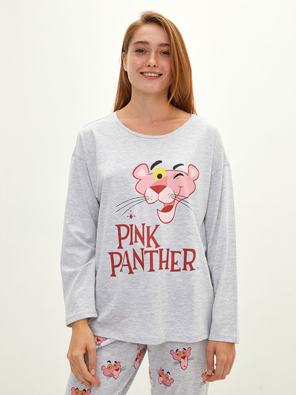 طقم بيجاما نسائي برقبة دائرية مطبوع بينك بانثر بأكمام طويلة من القطن-2