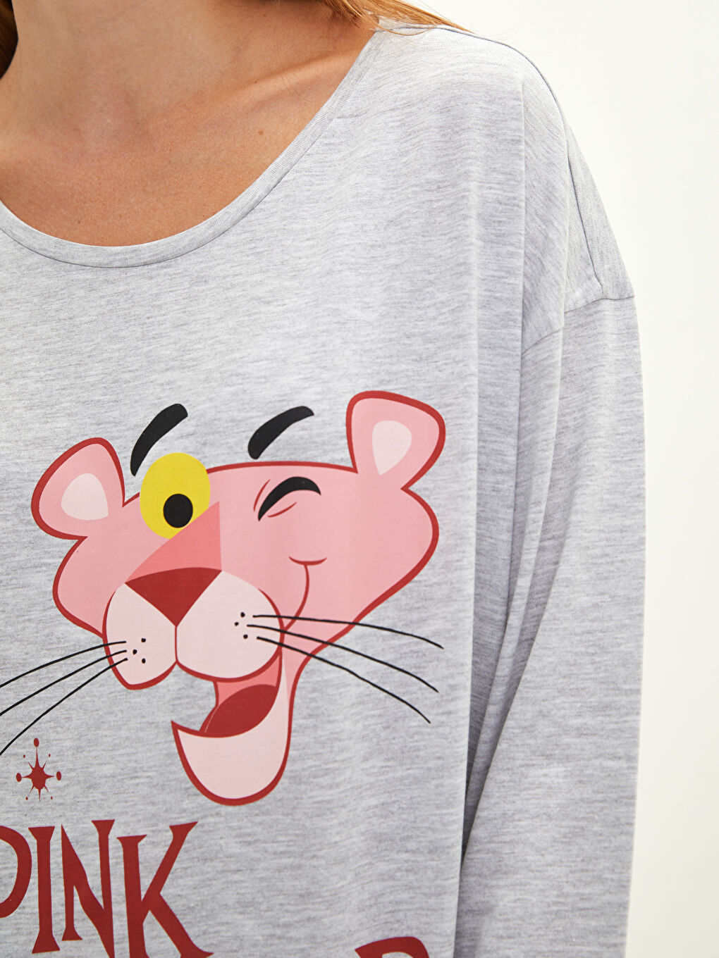 طقم بيجاما نسائي برقبة دائرية مطبوع بينك بانثر بأكمام طويلة من القطن-3