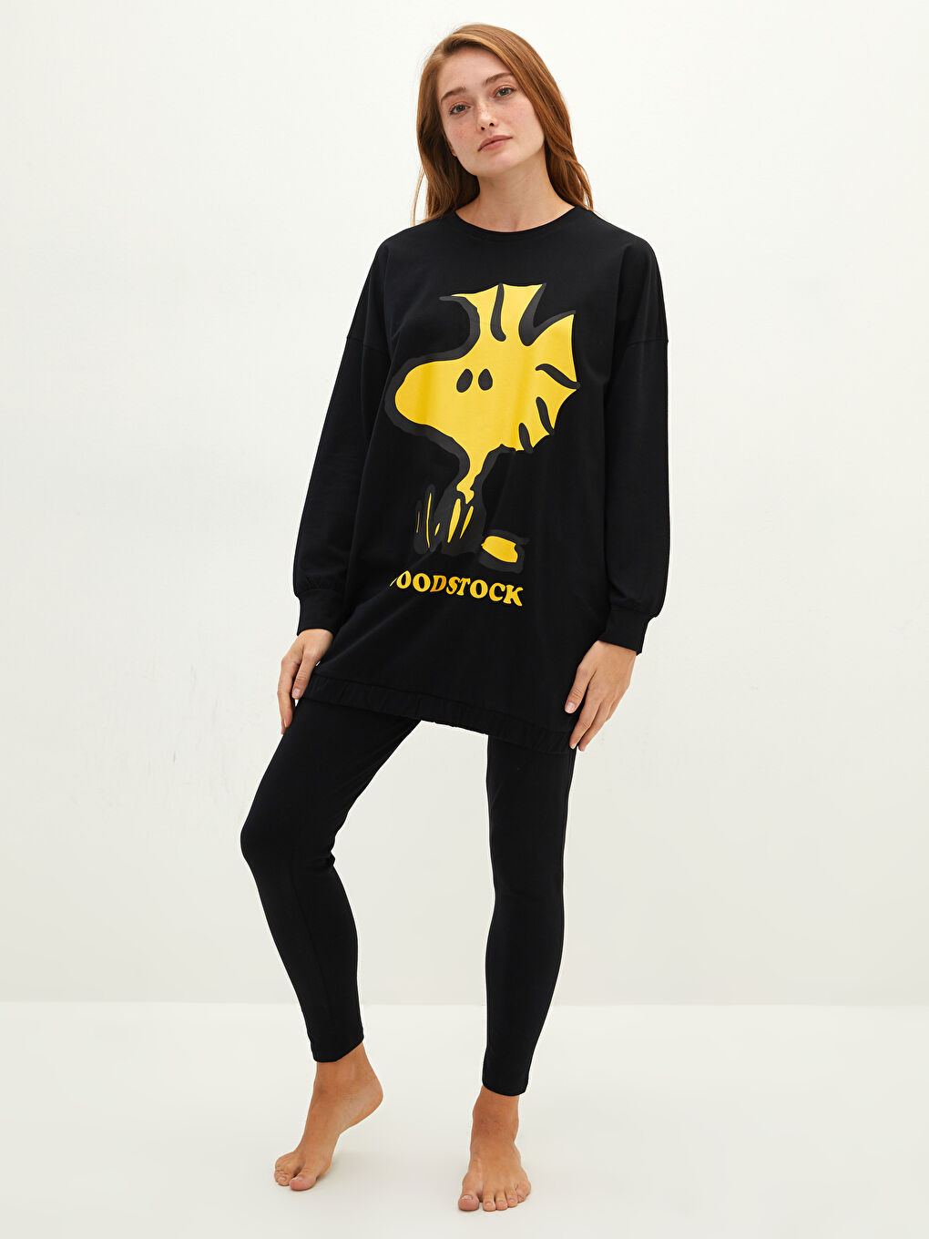 Siyah Bisiklet Yaka Snoopy Baskılı Uzun Kollu Pamuklu Kadın Pijama Takımı-1