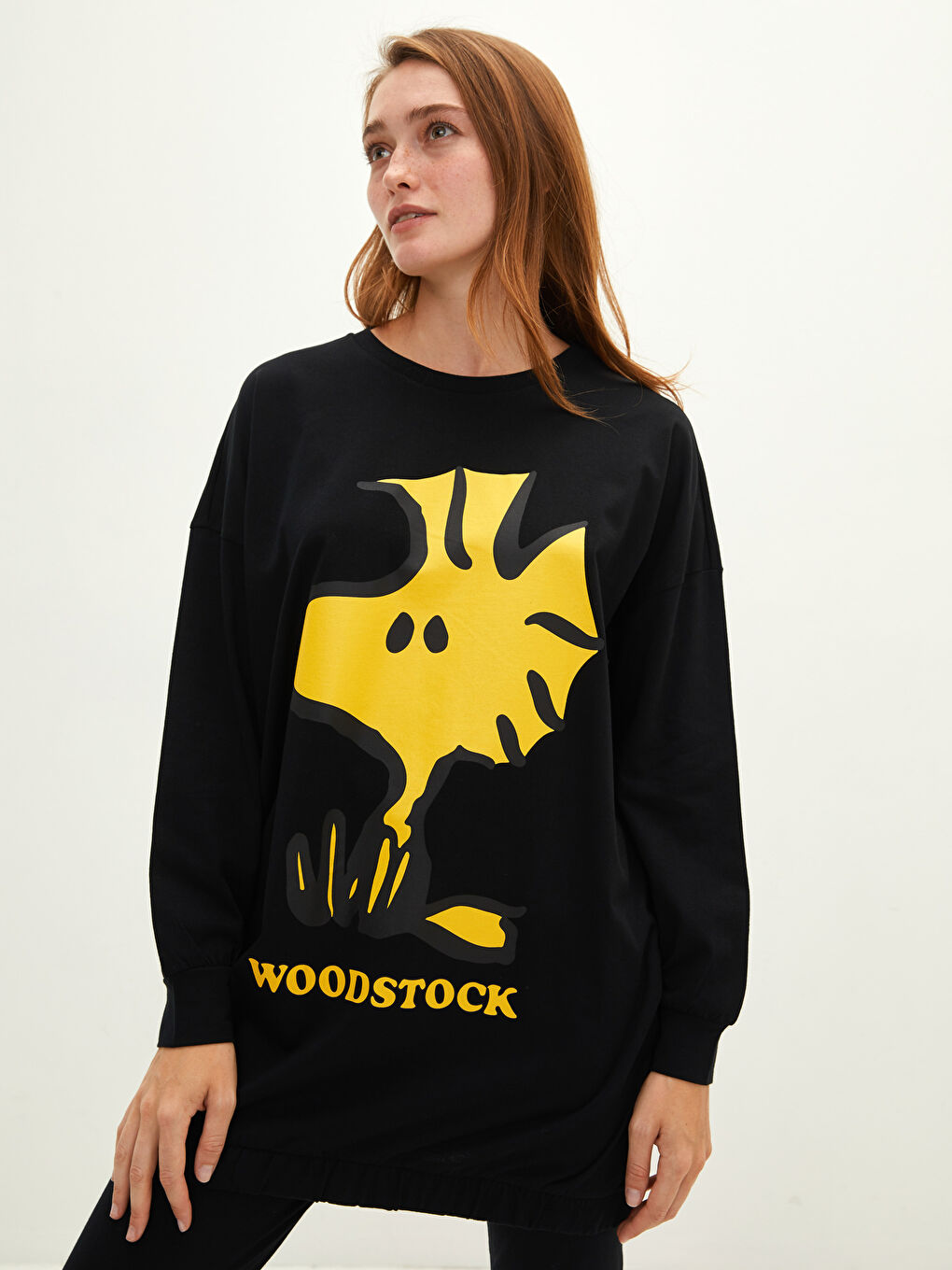 Siyah Bisiklet Yaka Snoopy Baskılı Uzun Kollu Pamuklu Kadın Pijama Takımı-2