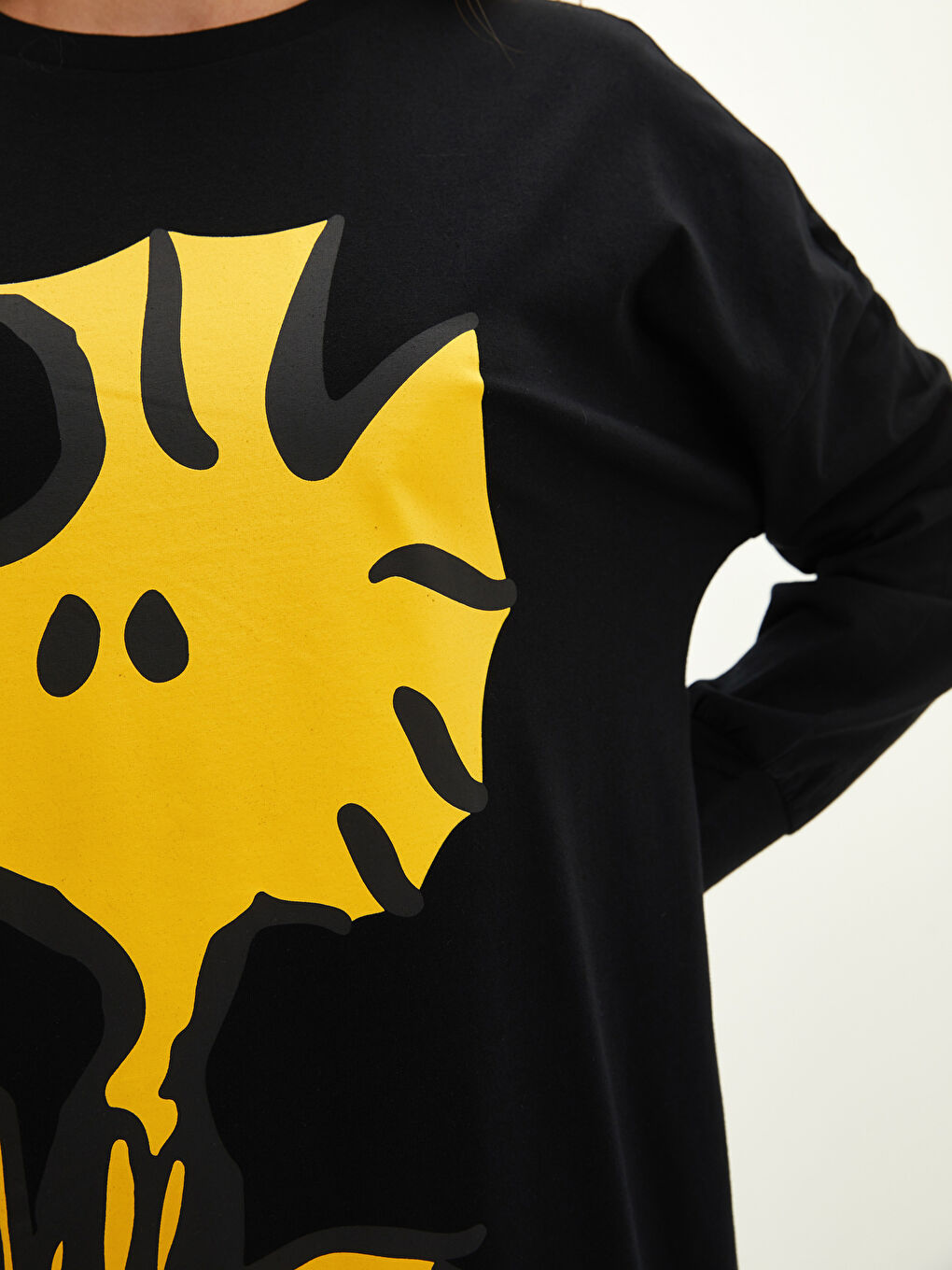 Siyah Bisiklet Yaka Snoopy Baskılı Uzun Kollu Pamuklu Kadın Pijama Takımı-3