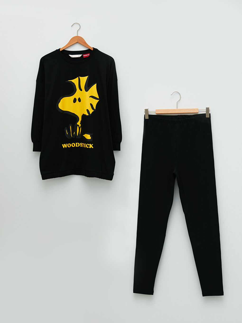 Siyah Bisiklet Yaka Snoopy Baskılı Uzun Kollu Pamuklu Kadın Pijama Takımı-5