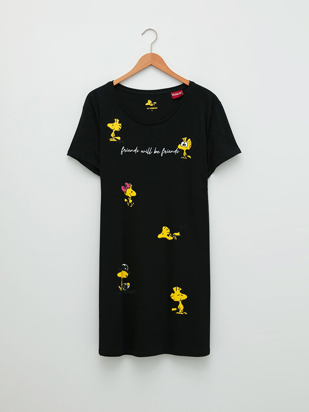 Siyah Bisiklet Yaka Woodstock Baskılı Kısa Kollu Pamuklu Kadın Gecelik-5