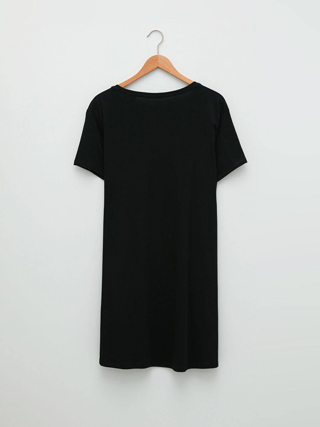 Siyah Bisiklet Yaka Woodstock Baskılı Kısa Kollu Pamuklu Kadın Gecelik-6