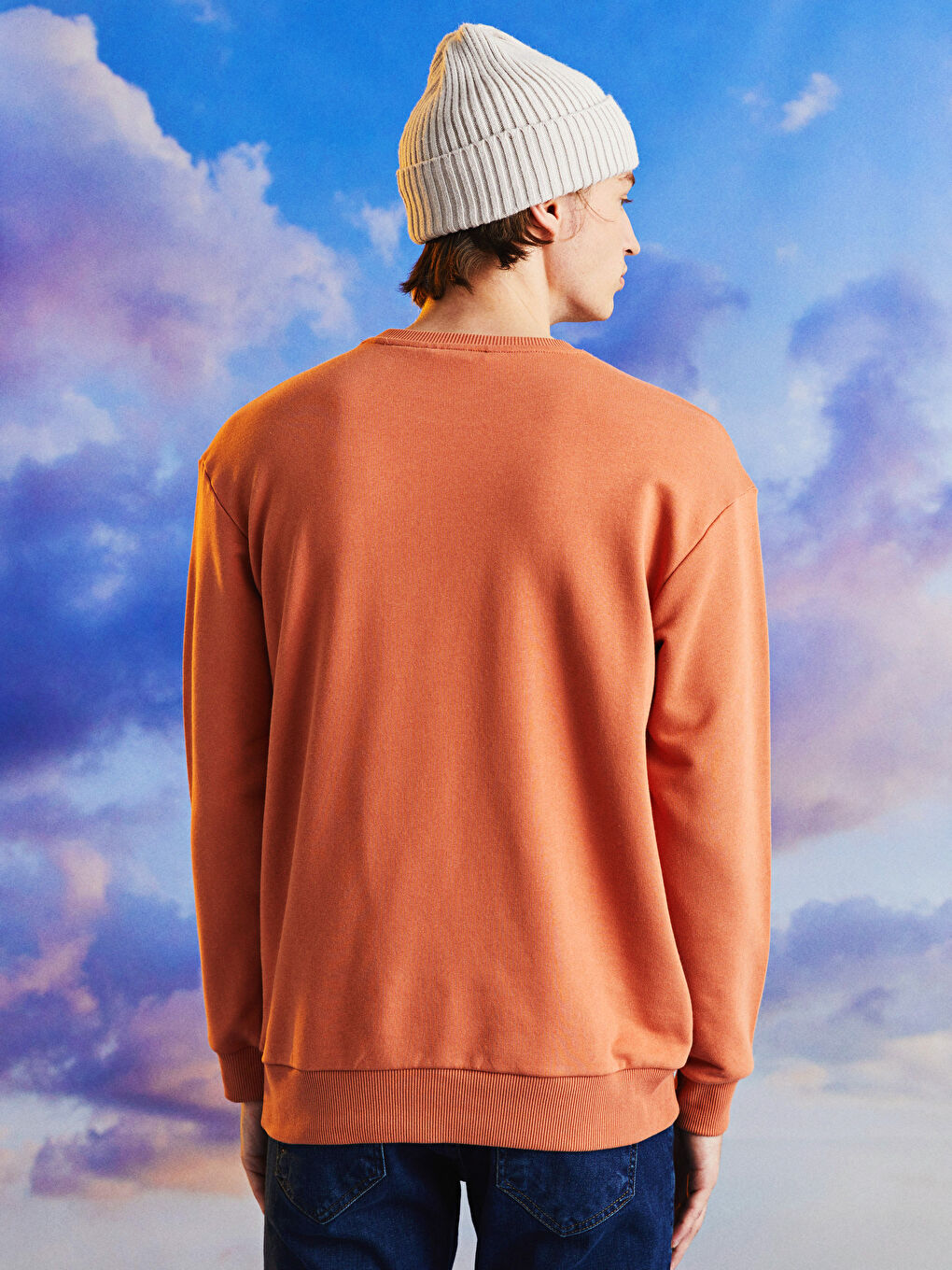 Pembe Bisiklet Yaka Baskılı Erkek Kalın Sweatshirt-10