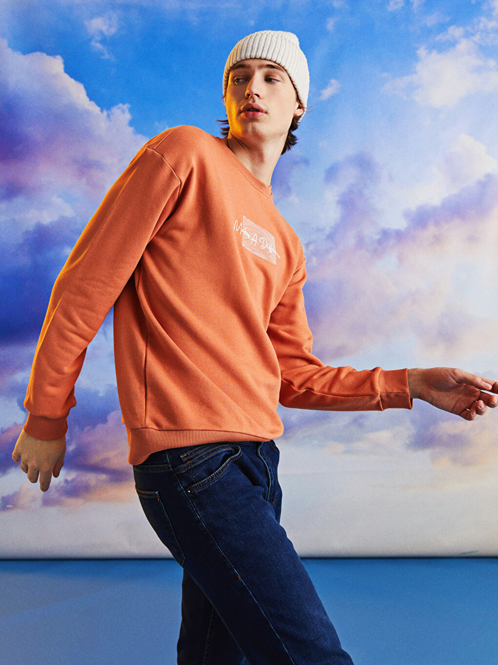 Pembe Bisiklet Yaka Baskılı Erkek Kalın Sweatshirt