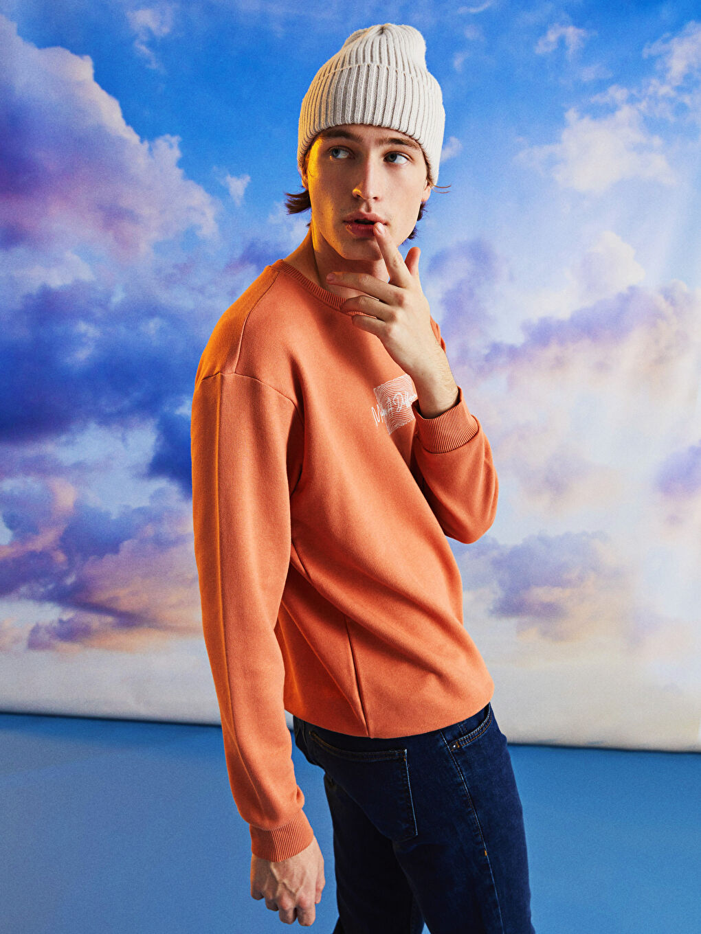 Pembe Bisiklet Yaka Baskılı Erkek Kalın Sweatshirt-2