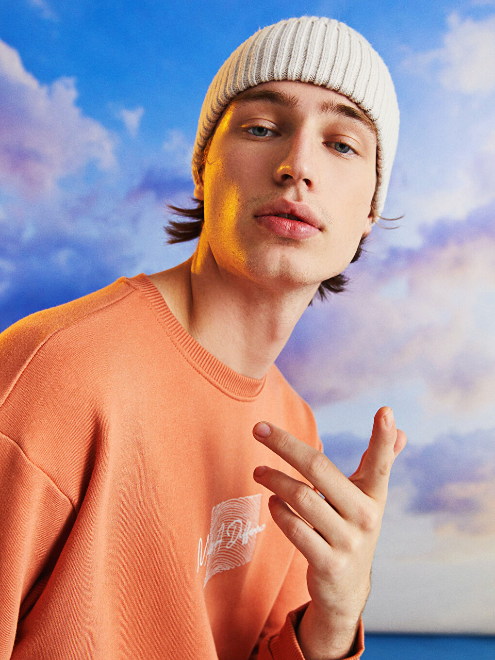 Pembe Bisiklet Yaka Baskılı Erkek Kalın Sweatshirt-6